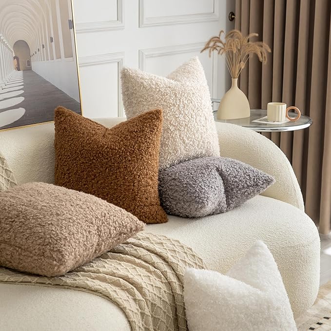 Pack of 2 Curly Teddy Wool Faux Fur Throw Pillow Covers Fuzzy Accent Soft Sherpa Pillowcases Sheepskin Fleece Decorative Cushion Case for Sofa Couch Living Room 24x24 Inch Light Grey