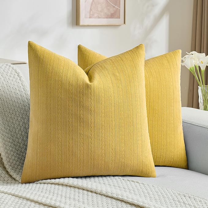 FUTEI Mustard Yellow Decorative Throw Pillow Covers 24x24 Inch Set of 2,Soft Cozy Wheat Ear Striped Patterns European Cushion Cases,Modern Home Decor for Couch Bed Living Room