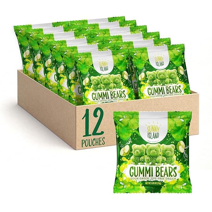Green Apple Gummi Bears | 12 Packs of Sour Gummies | Dye Free Candy | Chewy Candy for Party Favors, Goodie Bags, Snacking and Gifting | Gelatin Free Treat
