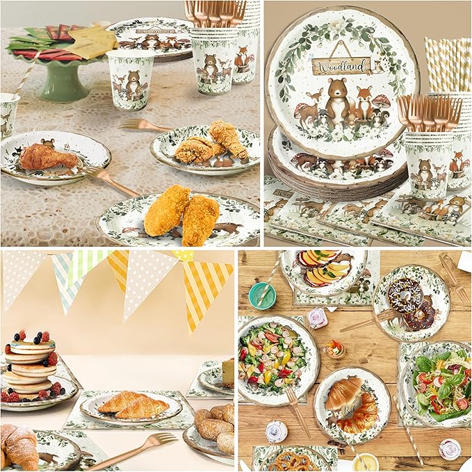 300Pcs Woodland Baby Shower Party Supplies - Serves 50 Guests, Safari Jungle Animal Party Decorations Include Plates and Napkins, Cups, Straws, Forks