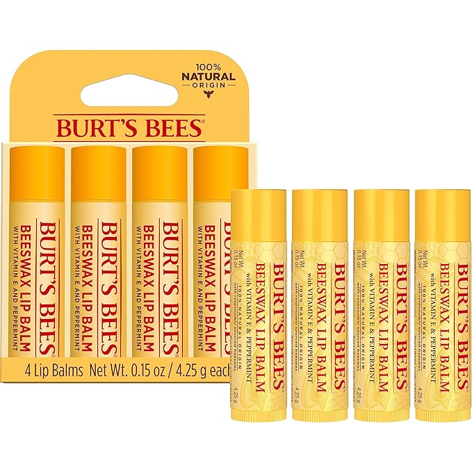 Burt's Bees Lip Balm - Original Beeswax, Lip Moisturizer With Responsibly Sourced Beeswax, Tint-Free, Natural Origin Conditioning Treatment, 4 Tubes, 0.15 oz.
