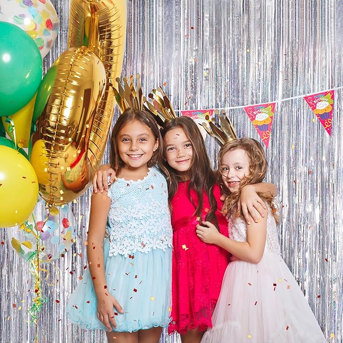Silver Metallic Tinsel Foil Fringe Curtains, 4 Pack 3.3x8.3 Feet Streamer Backdrop for Birthday Party, Halloween Decor, Bachelorette Party