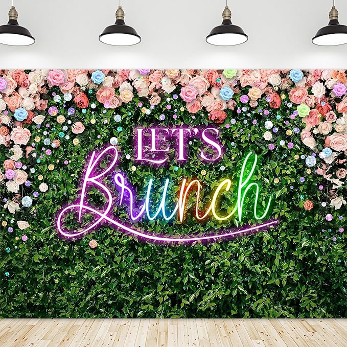 Riyidecor Green Leaves Let's Brunch Backdrop Polyester Fabric Neon Pink Rainbow Floral 7Wx5H Feet Greenery Photography Background Grass Lawn Women Brunch Party Photo Studio Shoot