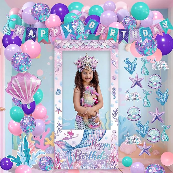 Mermaid Birthday Decorations for Women,Happy Birthday Banner, 35 Balloons,Photo Booth Props for Kids Girls