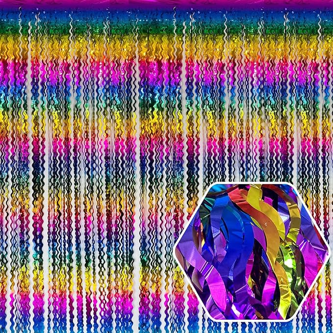 4 Pack Rainbow Wave Foil Fringe Curtain Backdrop, 3.28Ft x 8.2Ft Metallic Tinsel Foil Fringe Streamer Curtains for Photo Booth, Mother's Day, Easter, Birthday, Wedding Party Decoration