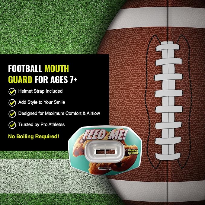 DAMAGE CONTROL Youth Football Mouth Guard – Breathable No Boil Mouthpiece, Protects Lips & Teeth, Works with Braces, Includes Helmet Strap – Sports Gear & Accessories (Feed Me!)