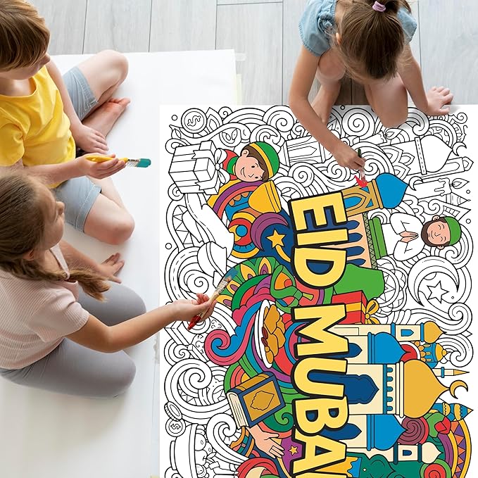 OHOME Eid Mubarak Giant Coloring Poster/Tablecloth - Eid Decorations for Home,Kids Gifts Crafts Games Activities Toys Decor Party Decor for Classroom School