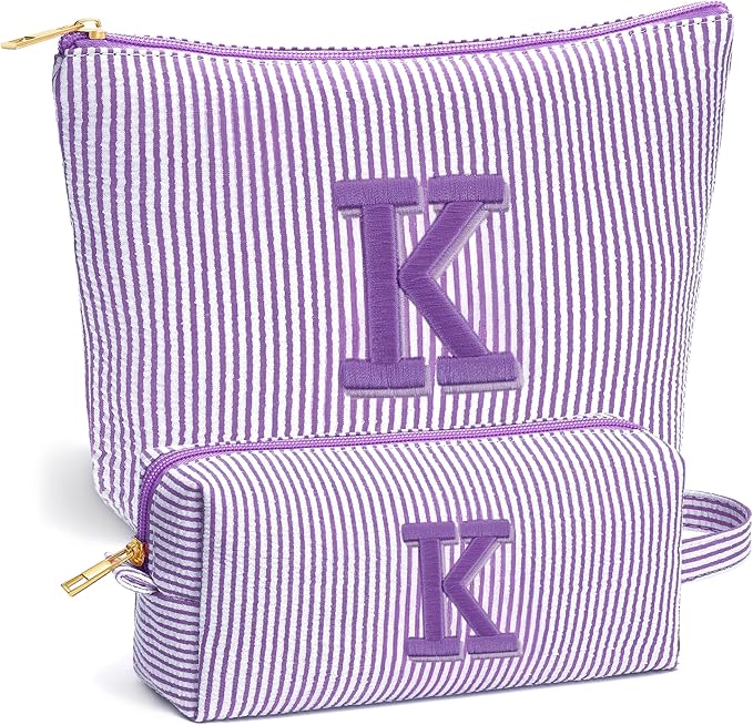 Beach Bags for Women Girl - Summer Beach Toiletry Makeup Bag, Travel Gifts for Her, Summer Personalized Makeup Pouch for Women Girls Birthday Gifts for Womens Girls - Purple Initial K