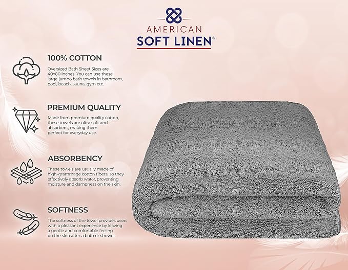 American Soft Linen Oversized Bath Sheet 40x80 Extra Large for Bathroom, 600 GSM 100% Cotton Turkish Jumbo Bathsheet Towels for Adults, Dark Gray Bath Sheet