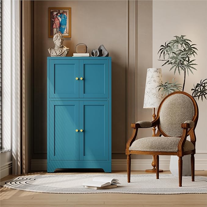 Blue Bathroom Storage Cabinet,Metal Bathroom Cabinet,Navy Blue Storage Cabinets,Bathroom Floor Cabinet with 2 Adjustable Shelves&4 Doors