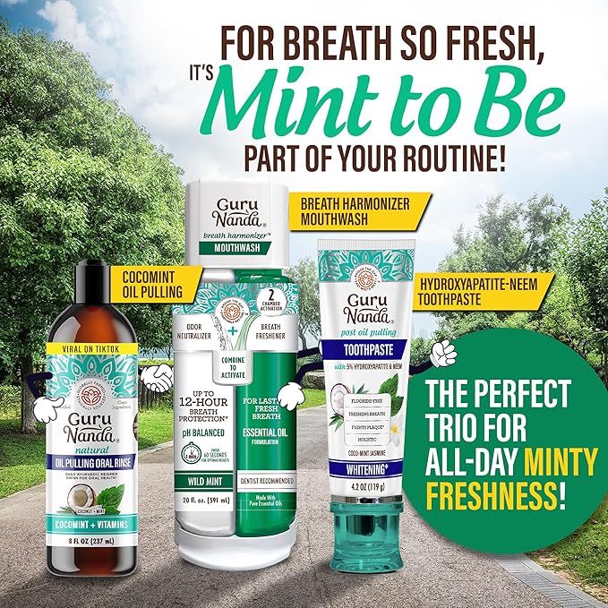 GuruNanda Mint to Be Kit – CocoMint Oil Pulling, Hydroxyapatite Neem Toothpaste, & Dual Barrel Breath Harmonizer Mouthwash for Fresh Breath & Oral Care