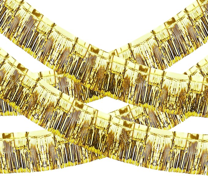 4 Pack Iridescent Float Fringe Curtains, Metallic Foil Fringe Garland Shiny Tassel Foil Float Parade Float Decorations for Trailer Car Graduation Homecoming Outdoor Indoor Party (Gold)