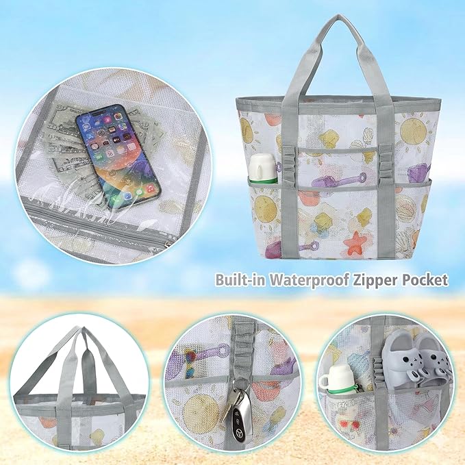 Mesh Beach Bags for Family - Women Beach Tote Bag for Toys, Towels, Travel Vacation Cruise Essentials