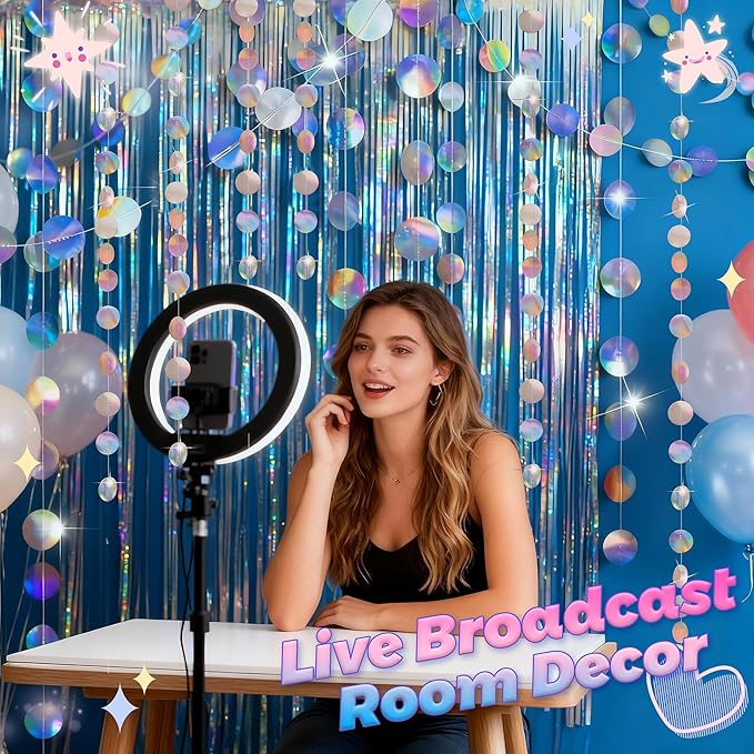 BTSD-home Iridescent Party Decorations 4 Pack Iridescent Garland Circle Dots Tool-Free Hanging Holographic Decor for Birthdays Graduation Christmas and Weddings Photography Background