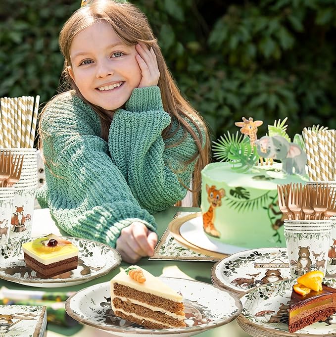 300Pcs Woodland Baby Shower Party Supplies - Serves 50 Guests, Safari Jungle Animal Party Decorations Include Plates and Napkins, Cups, Straws, Forks