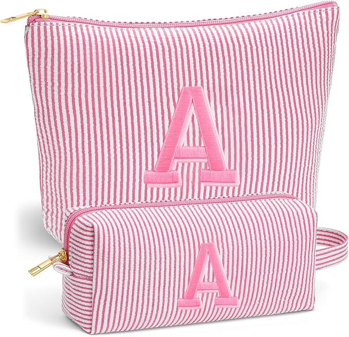 Teacher Appreciation Gifts for Women - Initial Travel Makeup Bag for Women, Teen Girl Gifts Trendy Stuff, Teacher Gifts for Women Teens Girls Birthday Nurse Gift, Pink Makeup Bag -Letter A