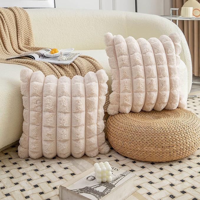 Neelvin Beige Faux Fur Cozy Soft Plaid Decorative Throw Pillow Covers 12x20 inch Set of 2,Velvet Pillowcase Cushion Case for Sofa Couch