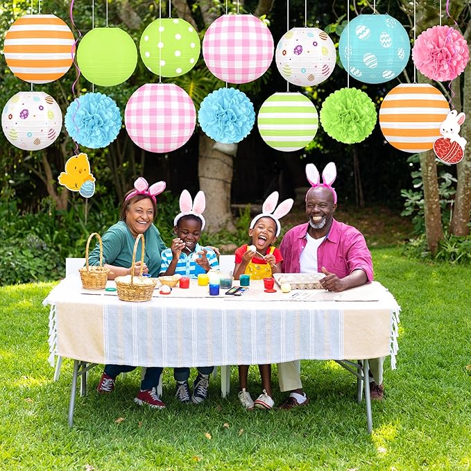 16pcs Easter Party Hanging Decorations – Pastel Paper Lanterns and Pom Poms Set for Classroom, Birthday Supplies, Egg Hunt, Indoor Home Spring Decor