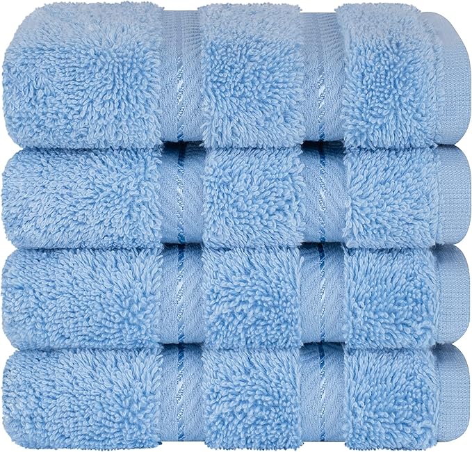 American Soft Linen Luxury Washcloths for Bathroom, 600 GSM 100% Cotton 4 Piece Turkish Wash Cloth Set, 13x13 in Soft Rags for Body and Face, Sky Blue Washcloths