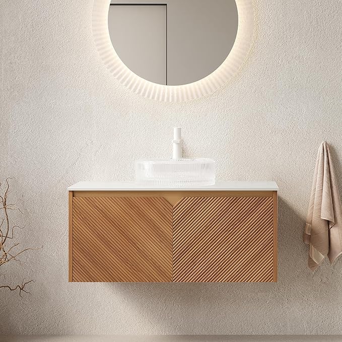 36 Inch Floating Bathroom Vanity with Vessel Sink, Fluted Modern Cabinet with 2 Doors, Glass Vessel Ceramic Sink & Sintered Stone Top, Oak