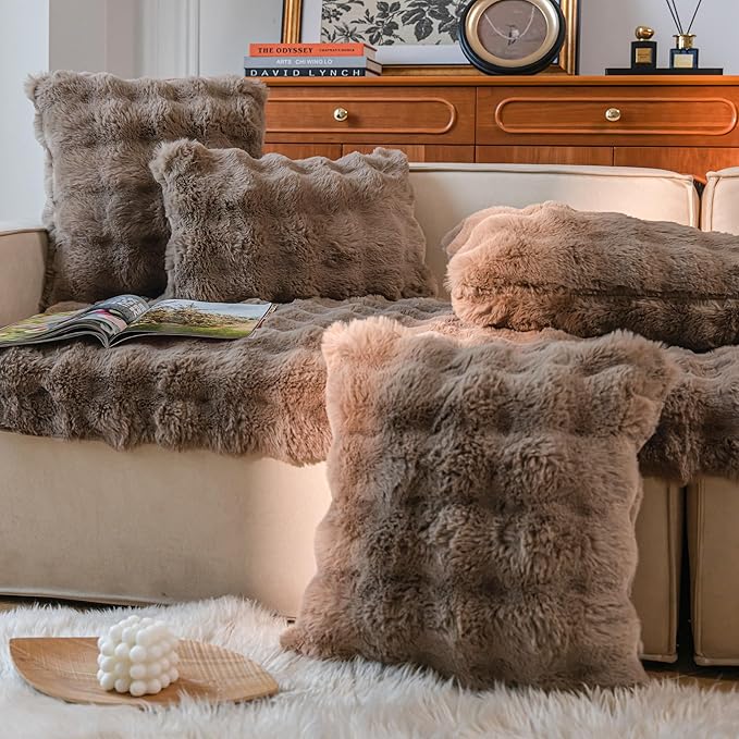 Neelvin Brown Faux Fur Cozy Soft Double-Sided Decorative Throw Pillow Covers 18x18 inch Set of 2,Velvet Pillowcase Cushion Case for Sofa Couch