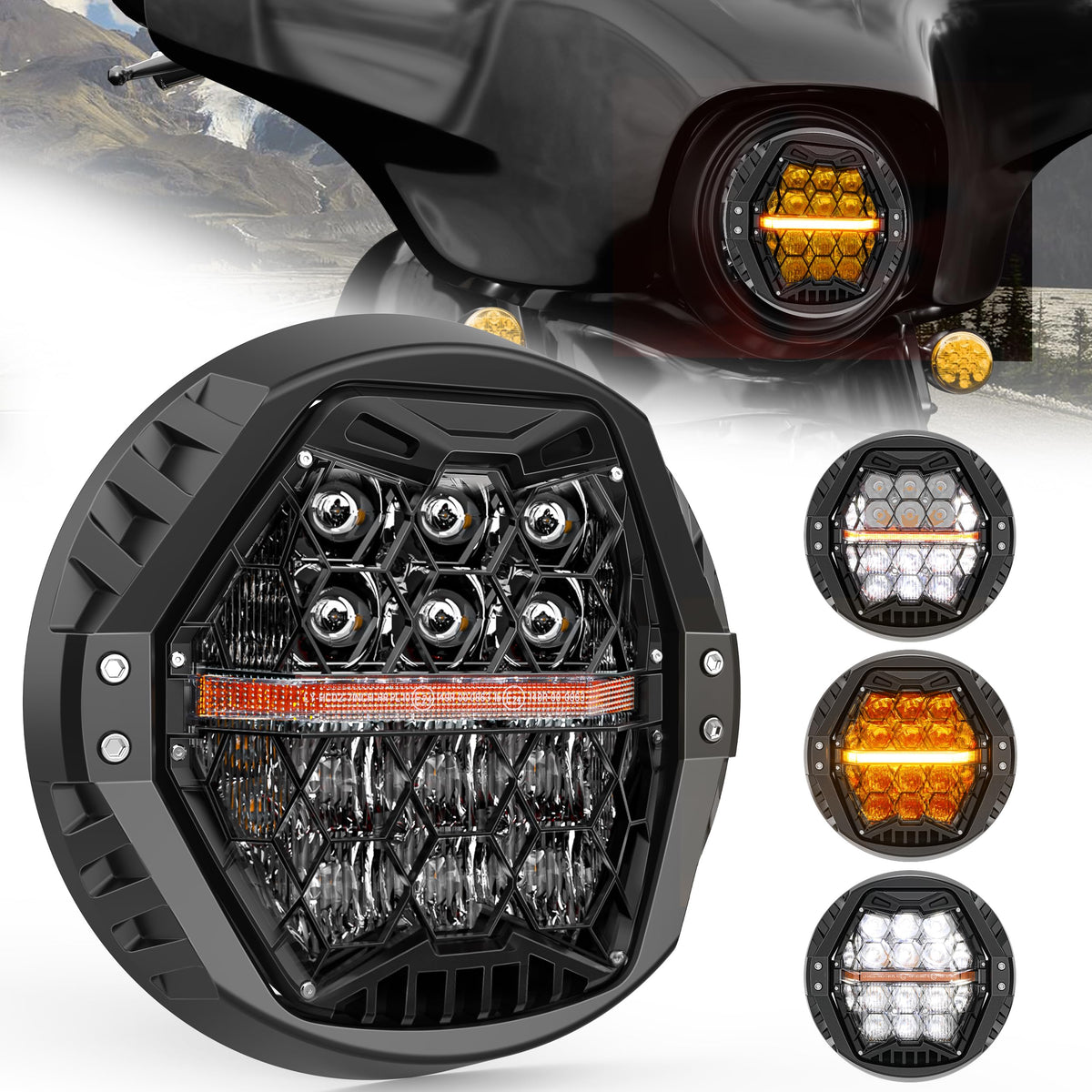 DOT Approved 1000% Bright 120W 7'' Motorcycles LED Headlight with Amber Turn Signal Compatible with Road King Road Glide Street