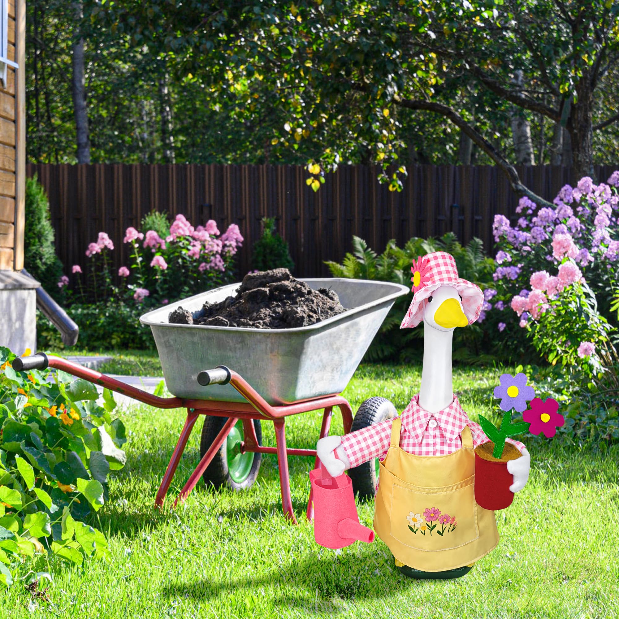 Ueyben Gardener Porch Goose Outfit Pink, Spring Goose Outfit Lawn Gooses Clothes Geese Costume for 23" Cement Plastic Geese Statue for Garden Yard Decoration