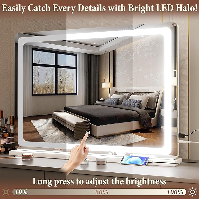 FENNIO Vanity Mirror with Lights 32"x22", Lighted Makeup Mirror, Large Vanity Mirror with Lights, Touch Sensor with 3-Color Lighting, USB Charging Port for Vanity Desk Tabletop