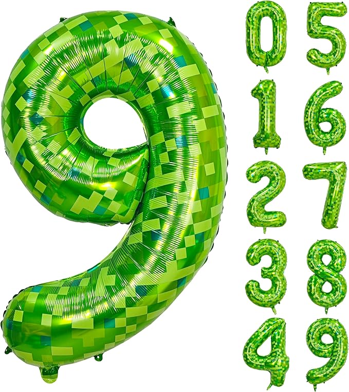 40 inch giant Green pixel miner game number 9 balloon Large mining theme foil balloon 0-9 Suitable for pixel game parties children's birthdays party anniversary celebrations baby shower decoration