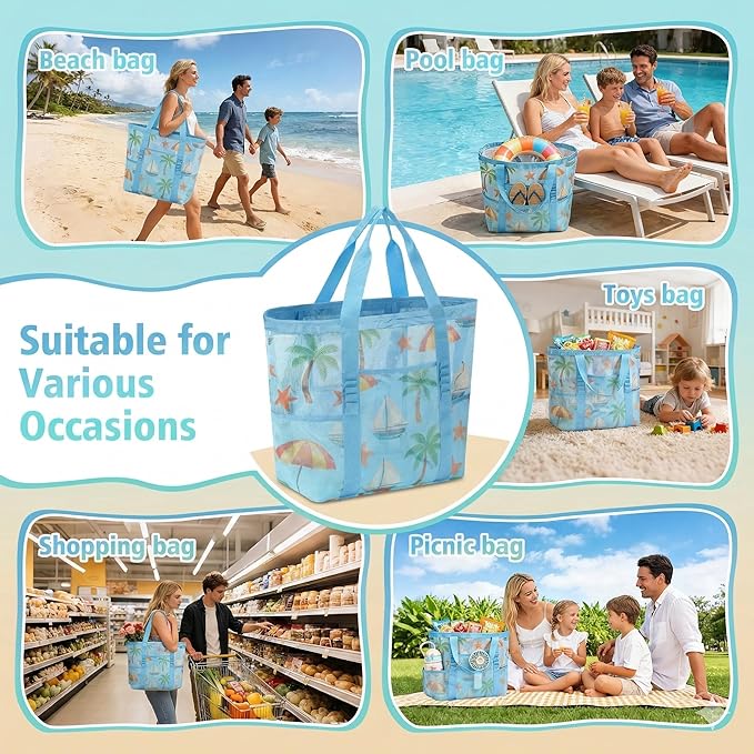 Mesh Beach Bags for Family - Women Beach Tote Bag for Toys, Towels, Travel Vacation Cruise Essentials