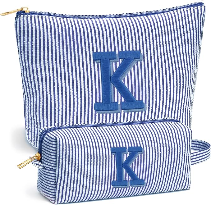 Beach Bags for Women Girl - Summer Beach Toiletry Makeup Bag, Travel Gifts for Her, Summer Personalized Makeup Pouch for Women Girls Birthday Gifts for Womens Girls - Blue Initial K