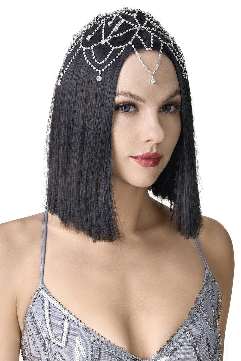 BABEYOND 1920s Crystal Cap Headpiece Rhinestone Head Chain Roaring 20s Great Gatsby Hair Accessories for Art Deco Party (Silver)