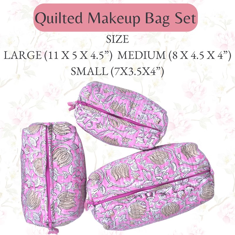 Quilted Floral Block Print Makeup Bag Set of 3 – Cotton Travel Toiletry and Makeup Organizer, Cosmetic Pouch, Toiletry Bag for Women, Cute Boho Coquette Make Up Bags for Women (Small, Medium, Large)