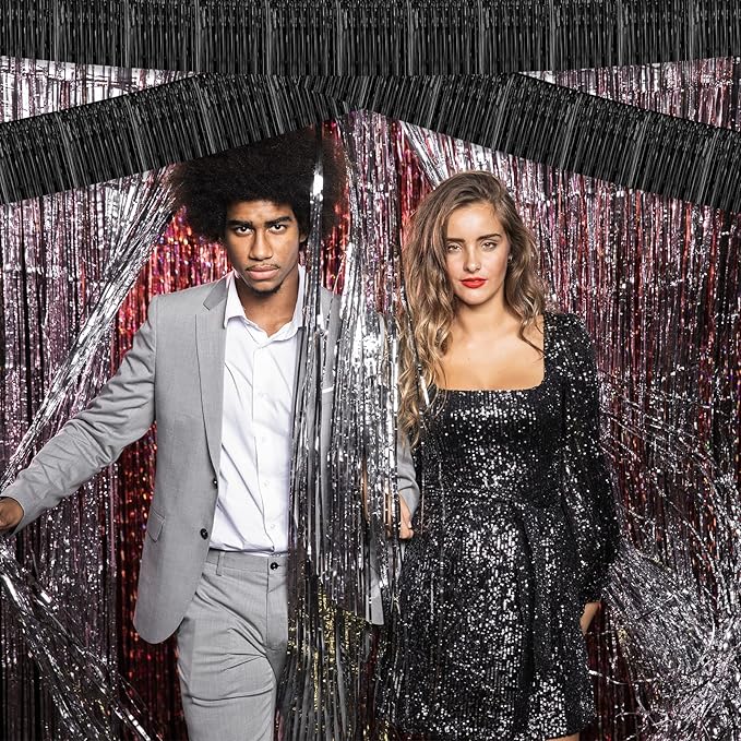 10 Pack 10 Feet Foil Fringe Garland Metallic Tinsel Streamers Banner Wall Hanging Curtain Backdrop for Parade Floats, Bachelorette, Wedding, Birthday, Halloween, Christmas Party Decorations(Black)