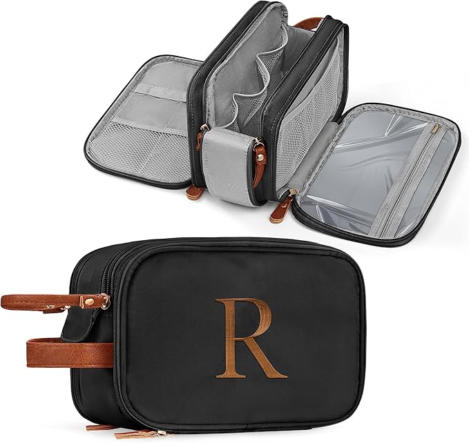 YOOLIFE Travel Toiletry Bag for Men - Travel Toiletry Organizer Dopp Kit Water-resistant Shaving Bag for Toiletries Accessories, Door Room Essentials, Initial Dopp Kit Letter R Black