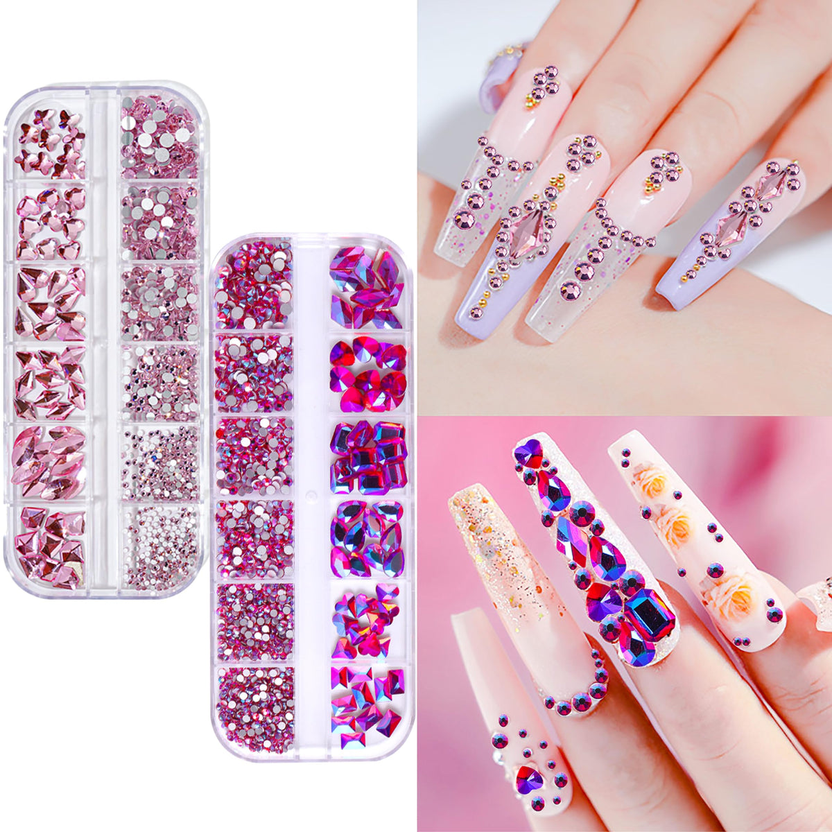 JERCLITY 1620pcs Flat Back Rose AB Nail Rhinestones Pink Nail Rhinestones for Nails Round Beads Crystals Glass Gems Stones Multi Shapes Sizes Nail Rhinestones for Nail Face Art Clothes Shoes Bags DIY
