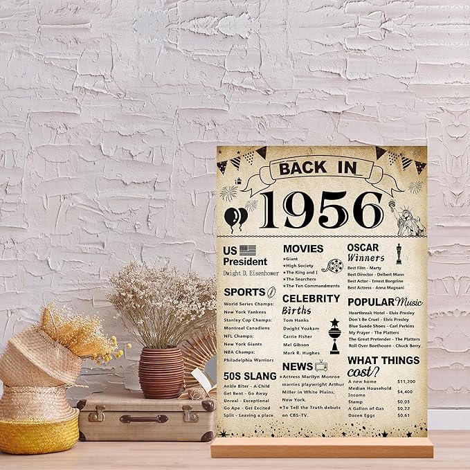 DARUNAXY 70th Birthday Party Decorations, Vintage Back in 1956 Poster Acrylic Sign with Stand 70 Year Old Party Supplies for Men& Women Vintage 1956 Table Decor 70th Anniversary Class Reunion Gifts