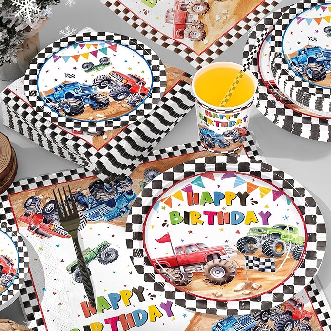 144pcs Monster Truck Birthday Party Supplies Plates Napkins Disposable Paper Cups and Straws Monster Truck Party Decorations Tableware Set for Kids Boys Birthday Decor 24 Guests