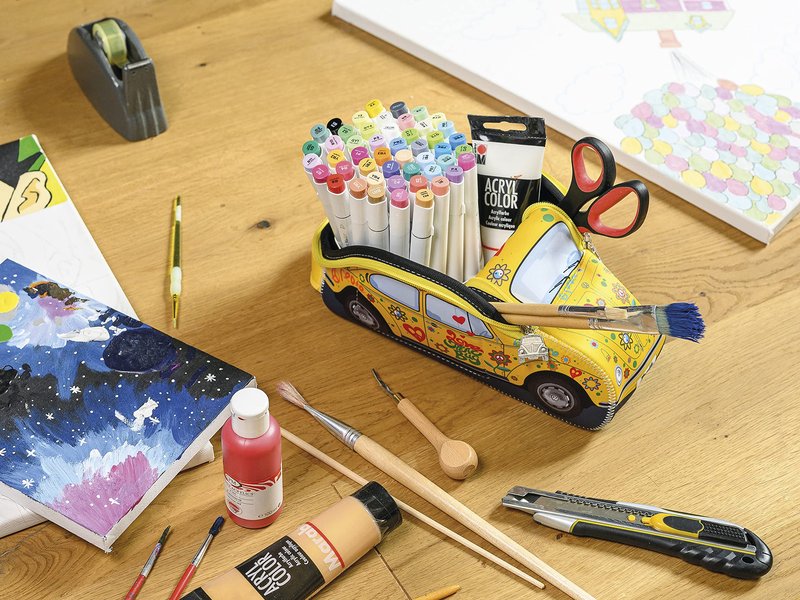 BRISA VW Collection - Volkswagen Neoprene Universal Bag for Makeup, Travel, Cosmetics in Beetle Bug Design (Yellow, Small (10 x 3.9 x 4.1 inches))