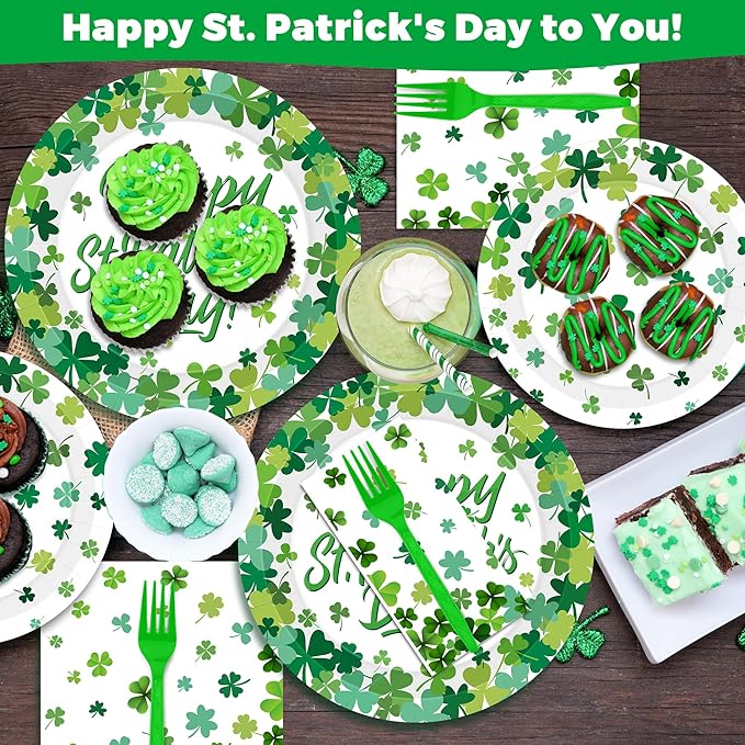 QZYL 120 PCS St Patricks Day Plates and Napkins, Disposable St Patricks Day Decor, 30 Sets Green Paper Plates Forks Dinner Plates Dessert Plates Shamrock Napkins, St Pattys Day Decorations