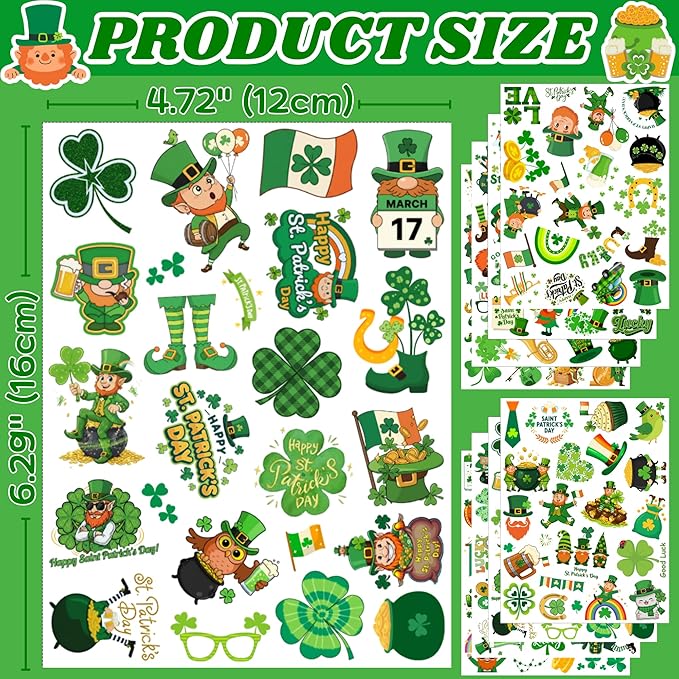 160PCS St Patricks Temporary Tattoos Stickers | St Patricks Party Favors Decorations Irish Holiday Green Clover Rainbow Shamrock Party Supplies Craft Gift Idea For Kids Boy Girl Teen Adult-8sheets