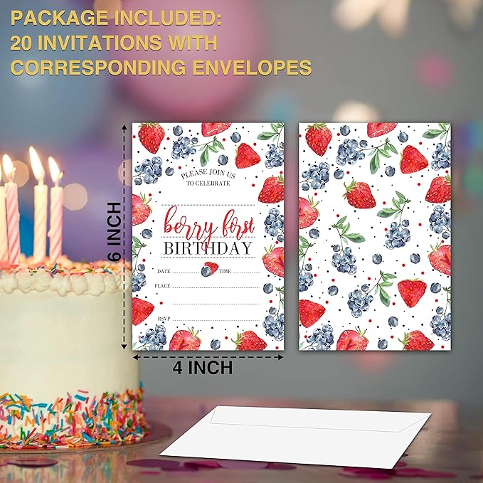 Birthday Invitations, 4"x6" Berry First Strawberry and Blueberry Birthday Party Invitations with Envelopes for Baby Girl 1st Birthday Party Decorations Supplies(20 Pieces)-C05