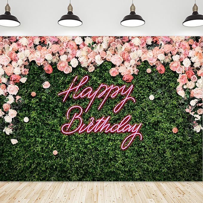 Riyidecor Happy Birthday Backdrop Vinyl for Women Neon Flower Wall Pink Rose Green Leaves Floral Blossom Botanical Plant Nature 10Wx8H Feet Girls Photography Background Birthday Photo Studio Shoot