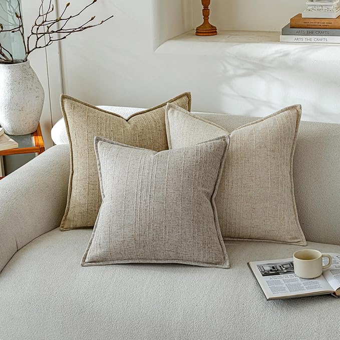 a moment Linen Pillow Covers Set of 2,Boho Farmhouse Throw Pillowcases Neutral Textured Decorative Covers for Couch Sofa Bed, Soft Linen Blend Accent Case Cushion Home Decor 20"x20" Beige Grey