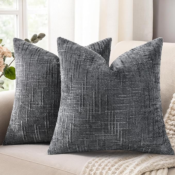 decorUhome Dark Grey Chenille Throw Pillow Covers 22x22 Set of 2 Thick Textured Slubby Couch Pillow Covers Farmhouse Accent Modern Neutral Decorative Pillow Cases for Bed Sofa Living Room