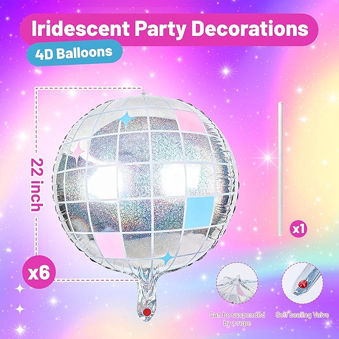 BTSD-home 6 Pack Iridescent Disco Ball Foil Balloons Iridescent Party Decorations 22 Inch Large Holographic Mirror Ball for Disco 70s 80s 90s Bachelorette Party Decor Balloon Arch Supplements