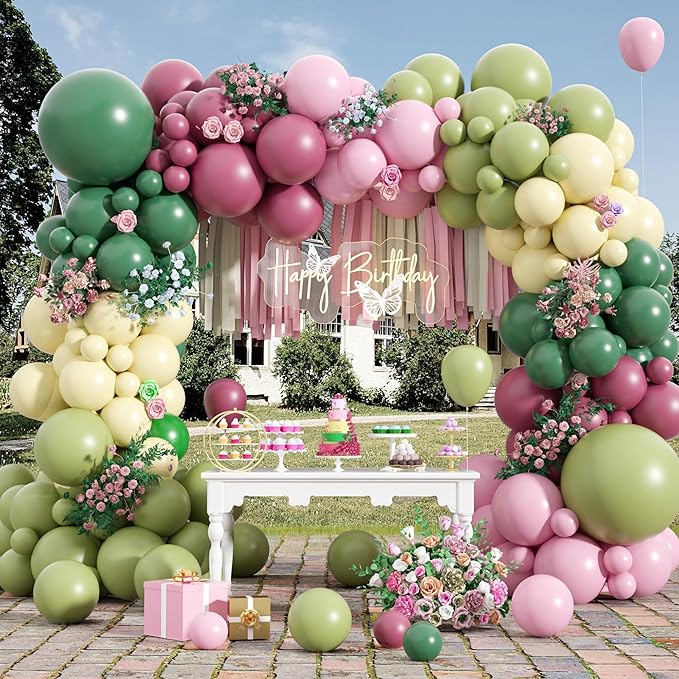 Pink and Green Balloon Arch Kit,122Pcs Sage Green Dusty Rose Red Macaron Pink Yellow Matte Balloons for Flower Birthday Bridal Wedding Engagement Baby Shower Anniversary Party Decorations