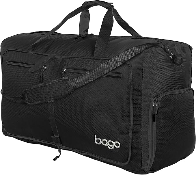 Bago Large Foldable Duffel Bags for Traveling Women & Men - 80L Packable Duffle Bag for Travel with Shoe Compartment - Water Repellant, Heavy Duty, Lightweight Folding & Collapsible (All Black)