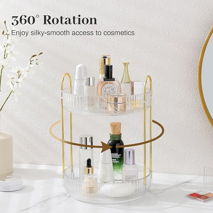 Rotating Makeup Organizer for Vanity, Skincare Make Up Storage Perfume Organizers for bathroom countertop, Clear Cosmetic Organizer for Dresser, Lipstick Hair product Spinning Stand Organizer (2 Tier,