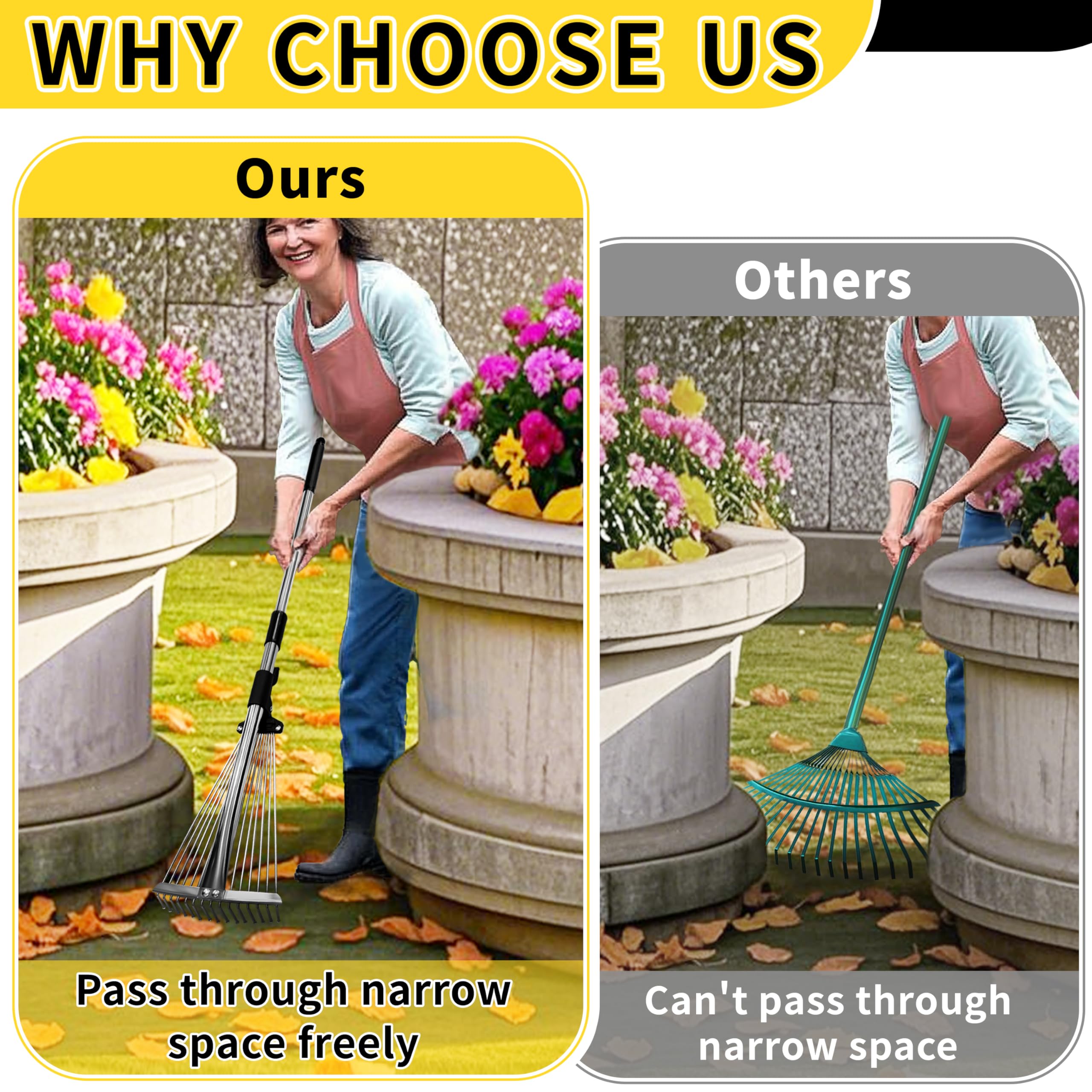 Garden Rake for Leaves,Heavy Duty Metal Adjustable Leaf Rake for Lawns,Long Handle 33"-69" with Expandable Head 8"-15",Garden Tools for Yard Lawn Shrub Garden Beds